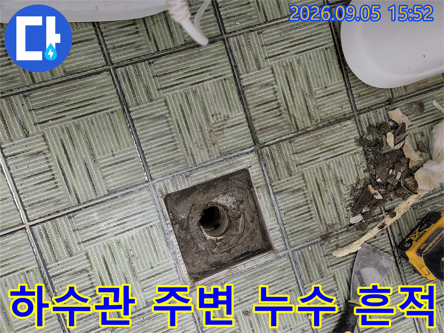배수구 주변 타일 틈새와 하수관 입구의 노후된 상태를 촬영했습니다.