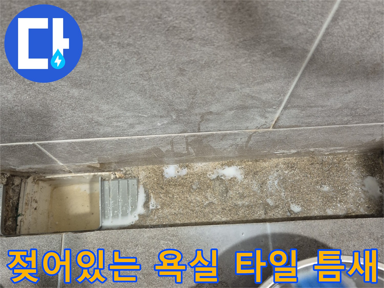욕실 배수구 주변의 변색된 메지와 습기를 머금은 타일