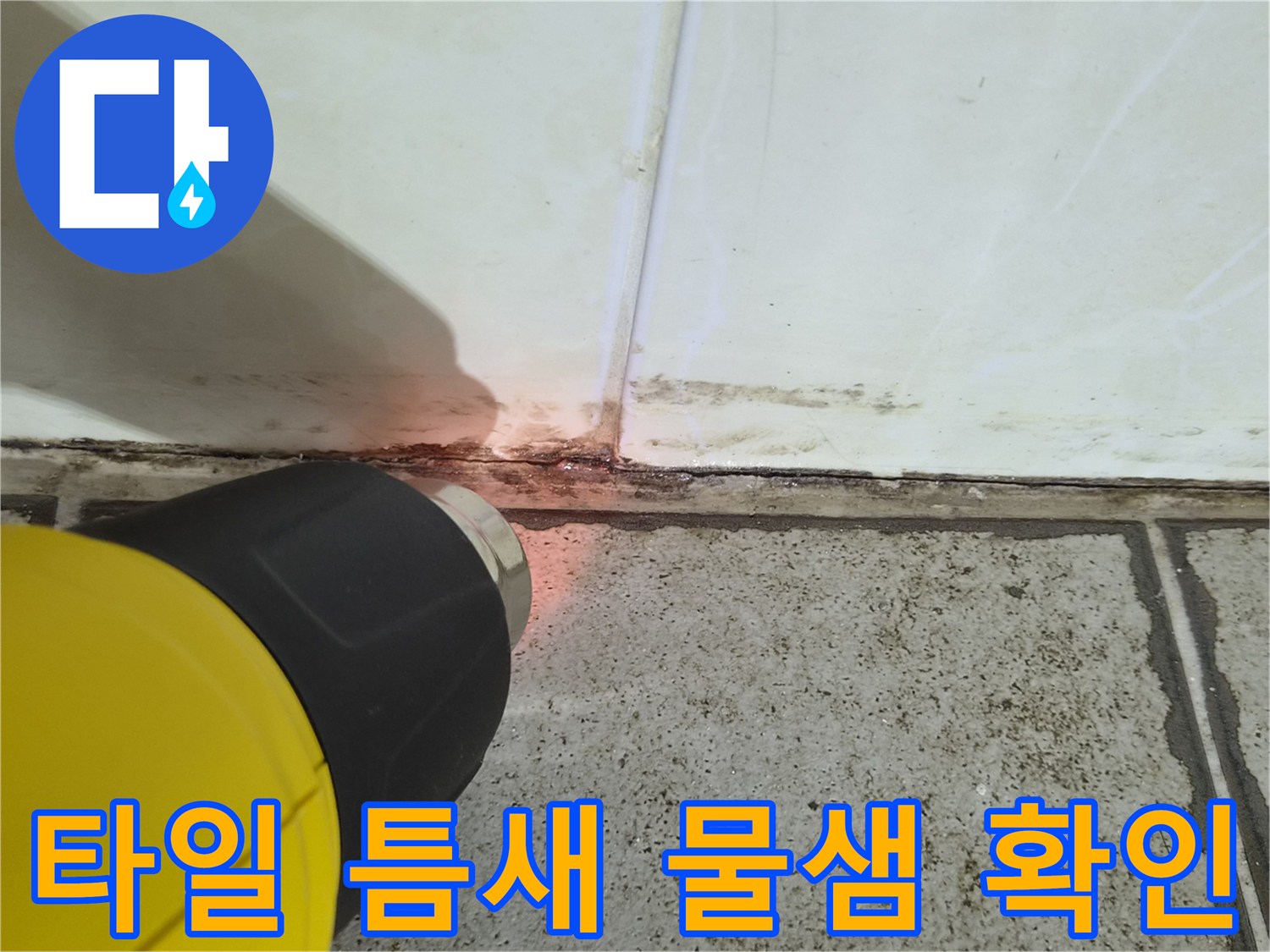 화장실 벽면과 바닥 타일 사이의 벌어진 틈새를 점검하는 모습