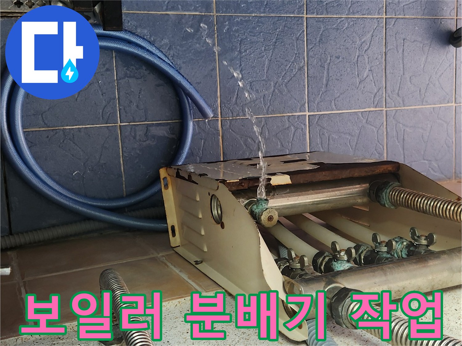 분배기 밸브에서 물이 나오는 배관 점검 상황입니다.