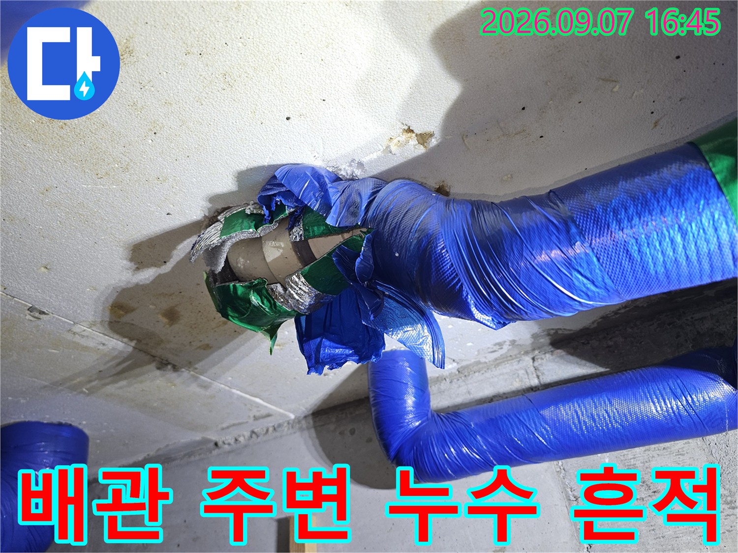 푸른색 배관 보온재와 천장 마감재의 습기 침투 현상