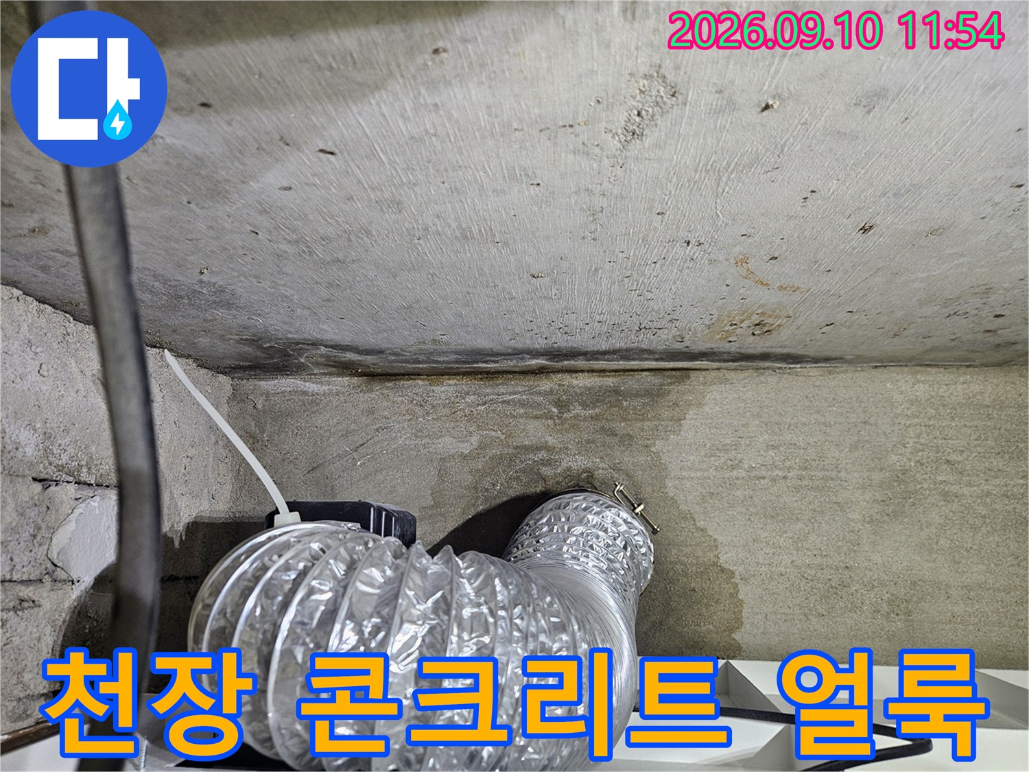 콘크리트 천장에 발생한 습기 흔적과 얼룩