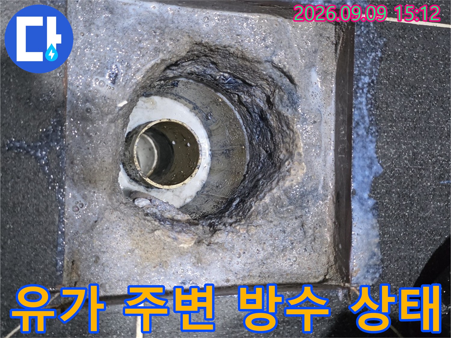 욕실 배수구-주변의 손상된 방수층과 노출된 배관 연결부 모습입니다.
