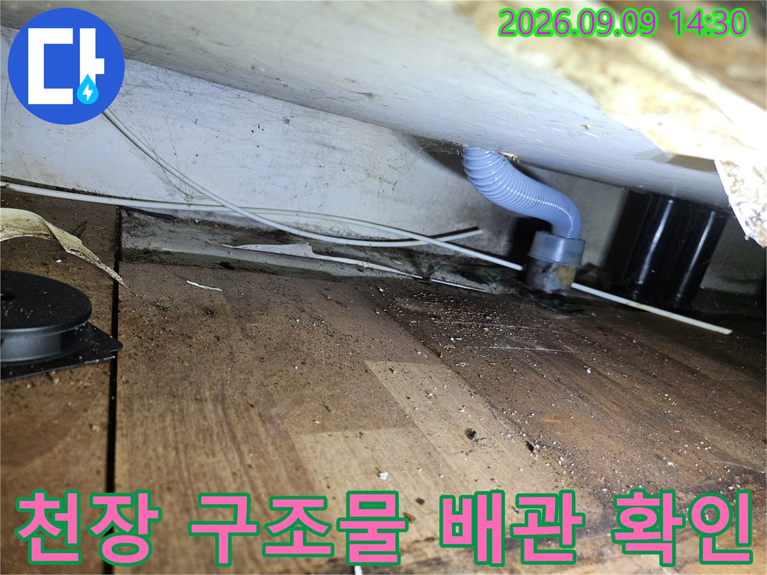 천장 하부의 - 파란색 주름관 배관과 나무 바닥재를 촬영한 모습입니다.