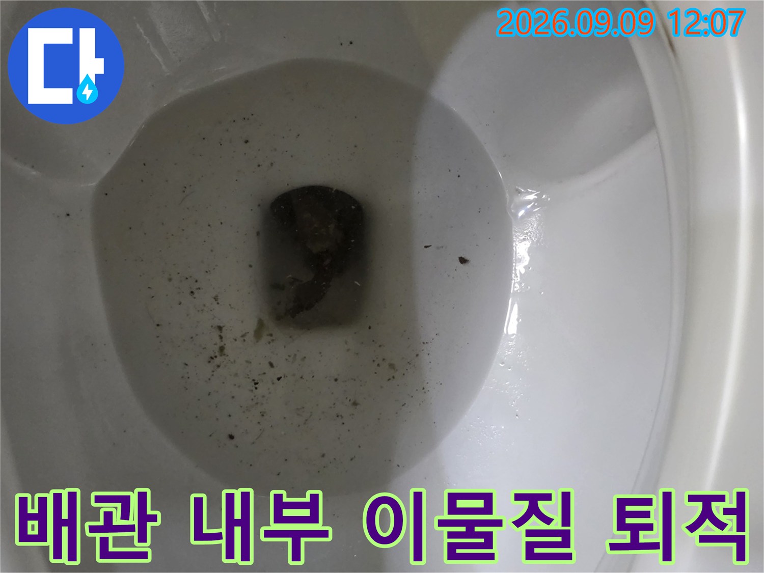 배수 통로를 가득 채우고 있는 배관 슬러지 및 찌꺼기