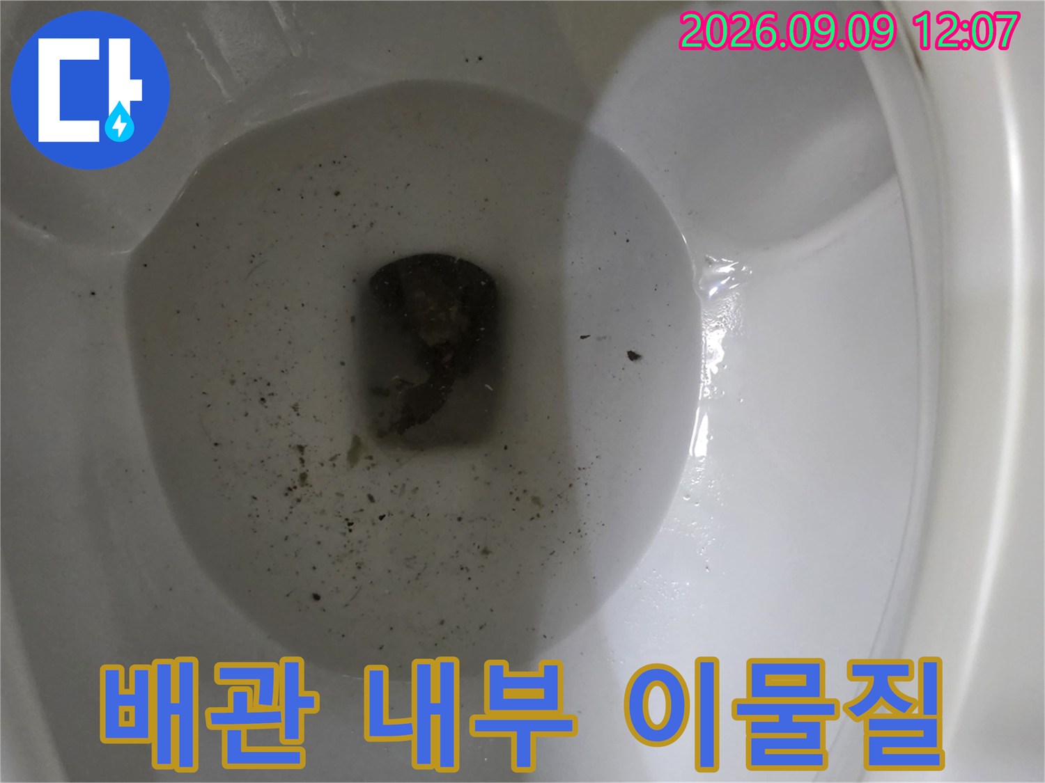 욕실 배관 내부에 쌓인 오염 물질과 슬러지 상태