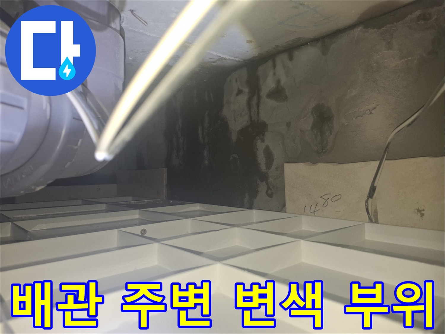 습기로 인해 검게 변한 배관 주변 콘크리트 슬래브