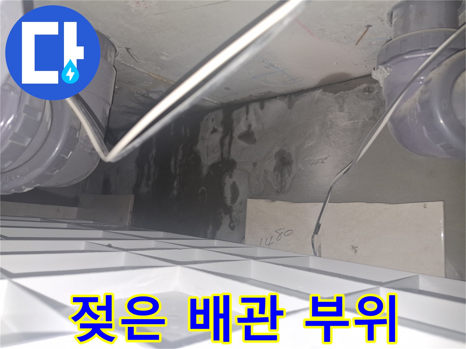 천장 구조물 - 배관 주변의 젖은 콘크리트와 물샘 흔적