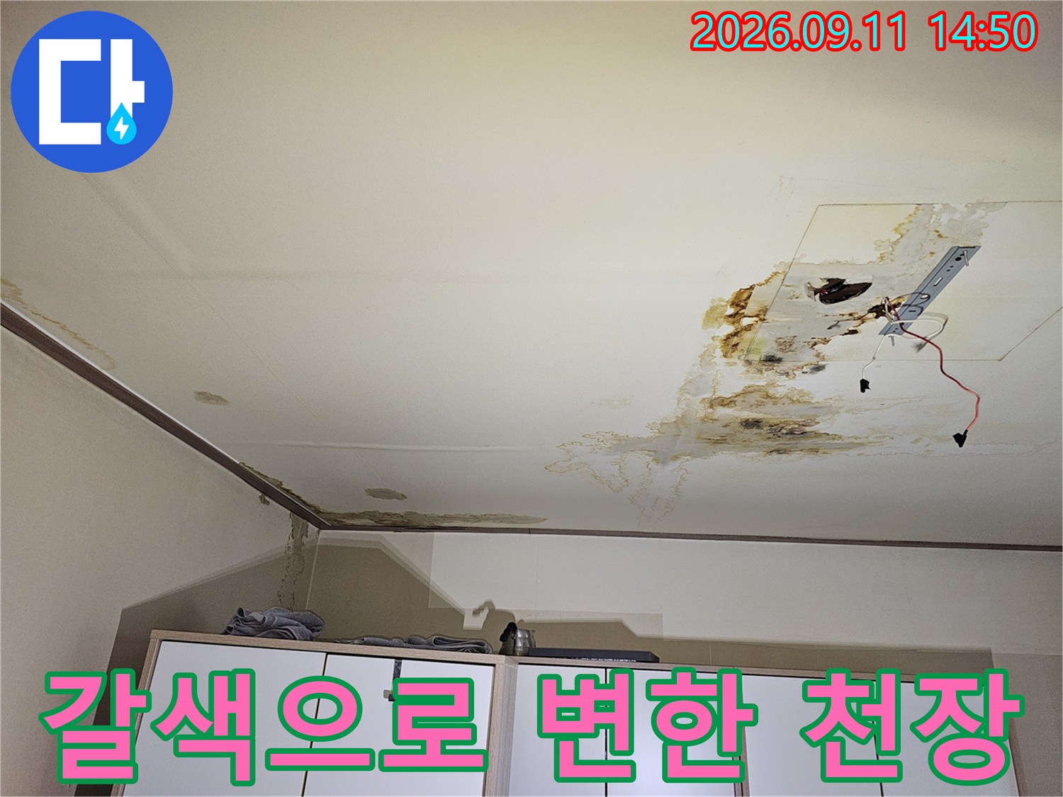 개봉지점-누수로 인해 갈색 얼룩과 곰팡이가 생긴 천장 부위