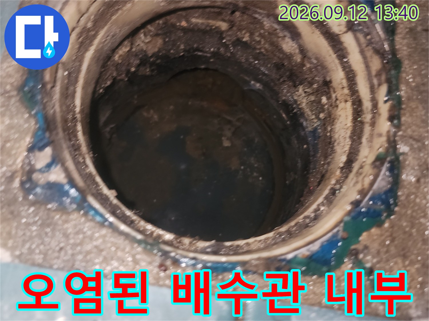 오염물질과 습기가 가득한 세탁실 배수관 내부 모습입니다.