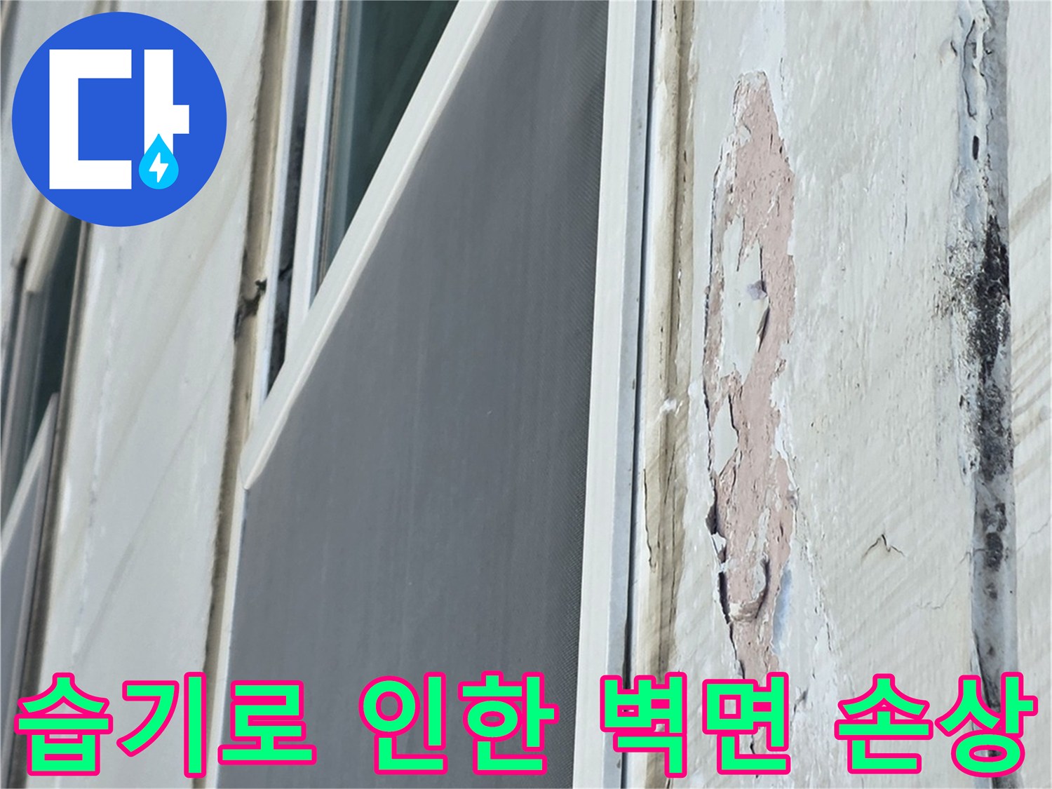 창문 프레임 하부 - 습기 침투로 인해 페인트가 벗겨진 부위