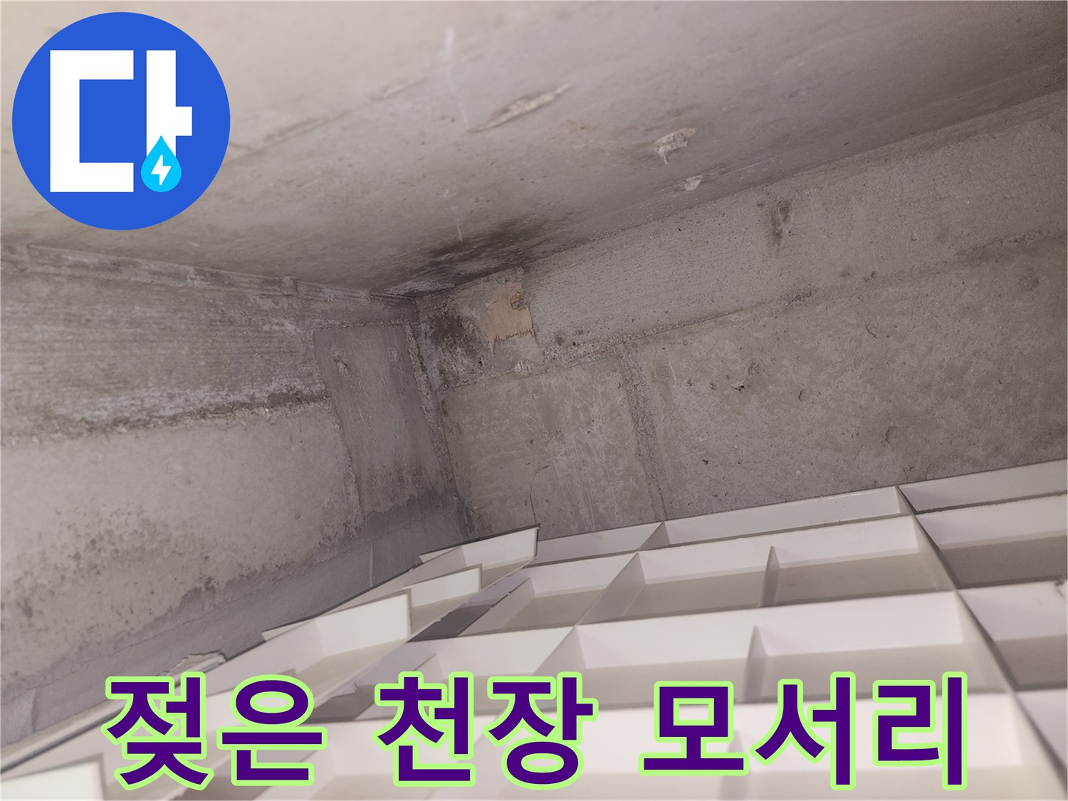 천장과 벽면 경계-습기로 인해 어둡게 변한 마감재 상태