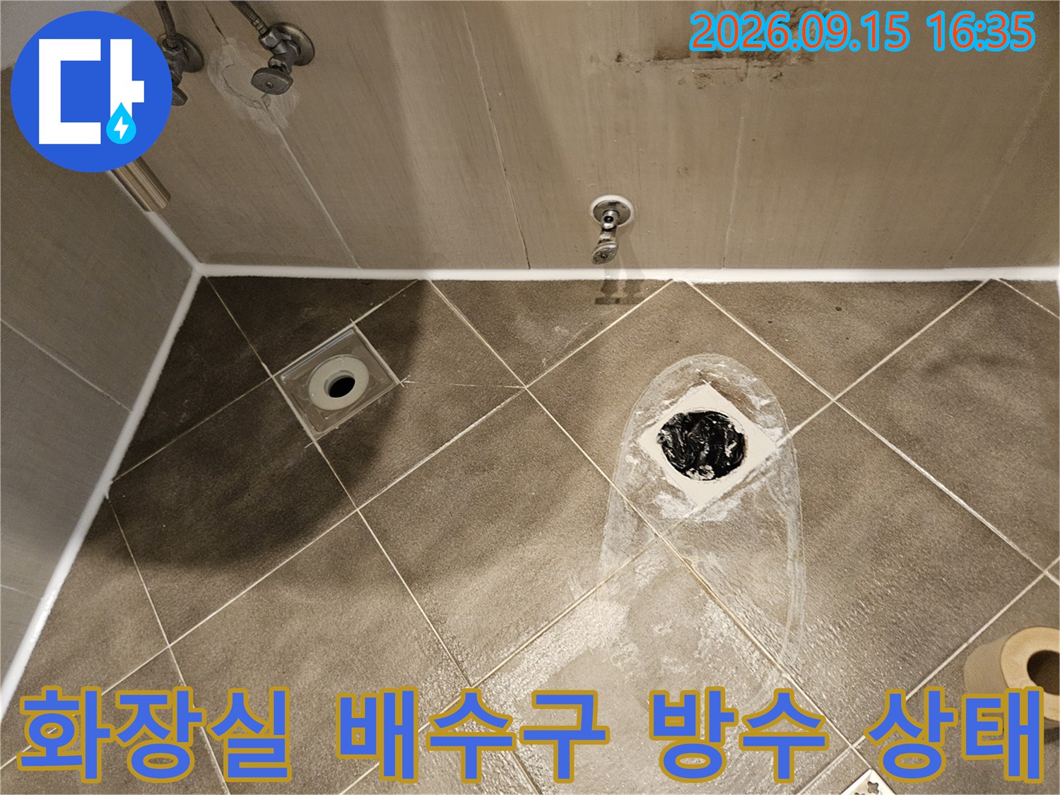 고양시 일산동구 화장실 타일 배수구 주변 방수층 파손 확인 사진