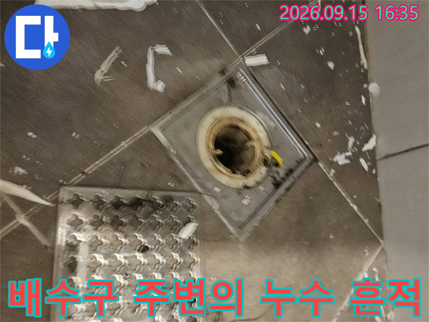 배수구-입구와-주변-타일-사이의-이물질과-흔적을-포착한-사진