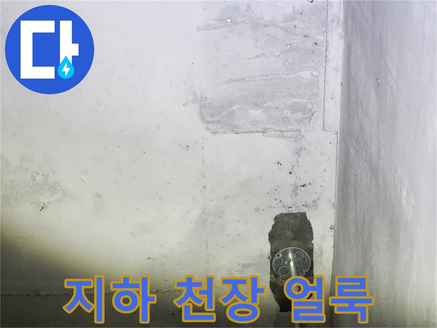 천장 배관 주변의 젖은 콘크리트 표면 현황